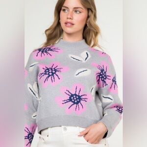 THML - Women’s Pink and Blue Floral Gray Sweater